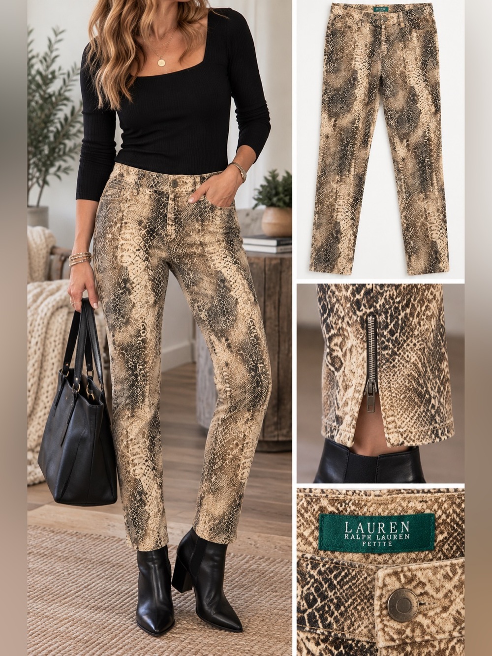 Lauren Ralph Lauren Petite Snakeskin Print Pants 4P Y2K Low Rise Ankle Zip